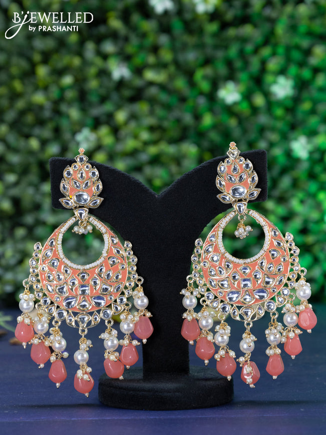 Fashion dangler chandbali peach pink minakari earrings with kundan stones and beads hanging