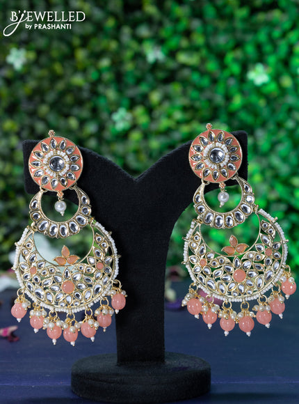 Fashion dangler chandbali peach minakari earrings with kundan stones and beads hanging