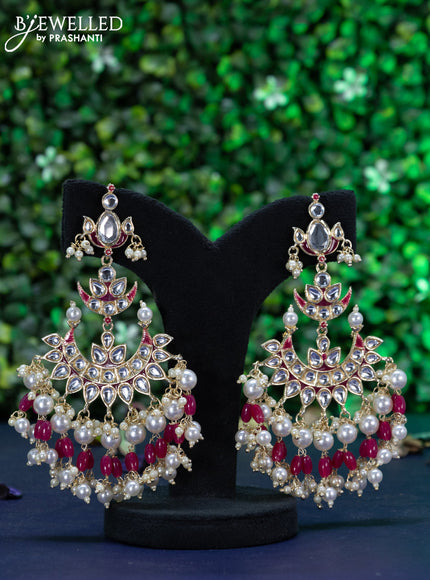 Fashion dangler chandbali pink minakari earrings with kundan stones and beads hanging