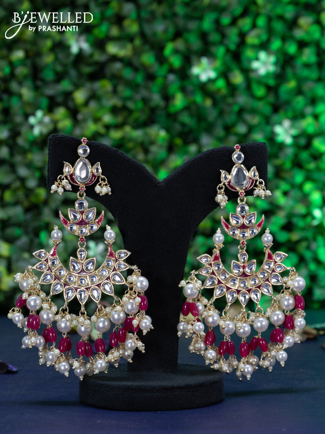 Fashion dangler chandbali pink minakari earrings with kundan stones and beads hanging