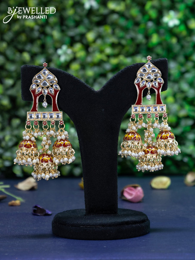 Fashion dangler maroon minakari earrings with kundan stones and pearl hangings