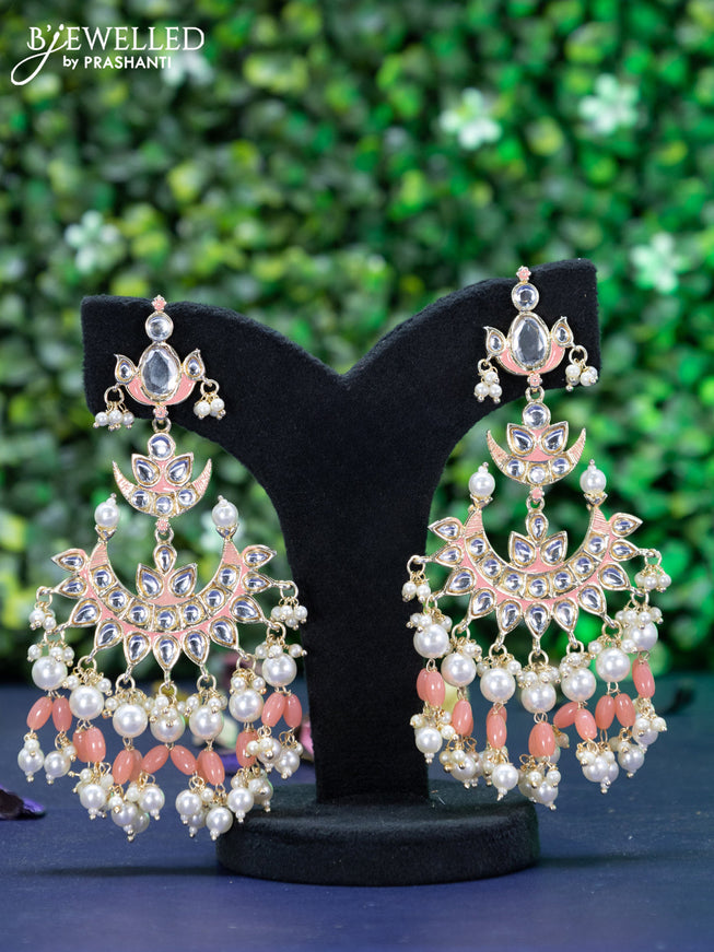 Fashion dangler chandbali peach minakari earrings with kundan stones and beads hanging