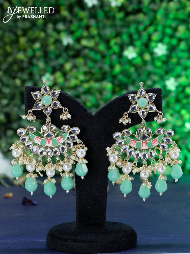 Fashion dangler chandbali teal green  minakari earrings with kundan stones and beads hanging