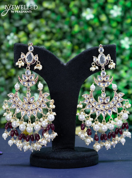 Fashion dangler chandbali maroon minakari earrings with kundan stones and beads hanging