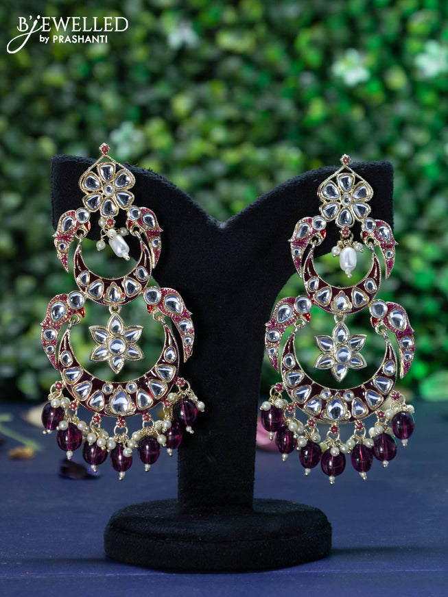 Fashion dangler chandbali wine shade minakari earrings with kundan stones and beads hanging