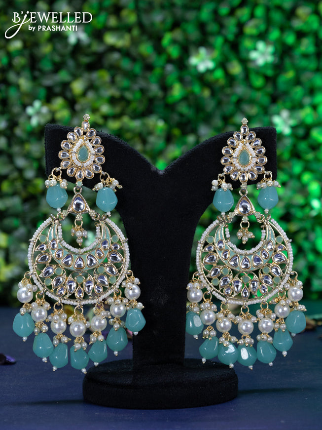 Fashion dangler chandbali teal blue minakari earrings with kundan stones and beads hanging