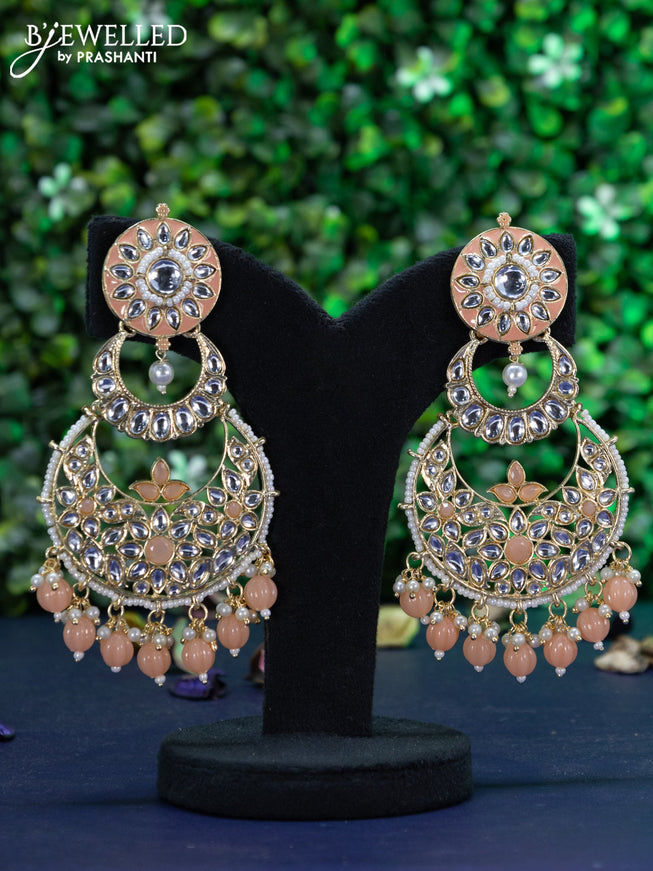 Fashion dangler chandbali peach minakari earrings with kundan stones and beads hanging