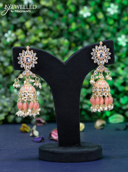 Fashion dangler peach minakari jhumkas with kundan stones and pearl hangings