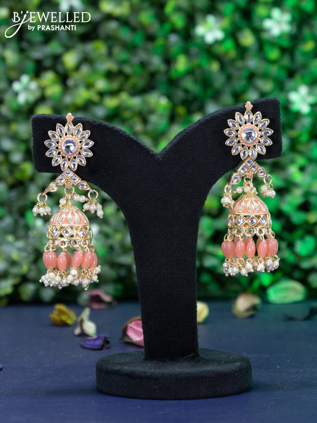 Fashion dangler peach minakari jhumkas with kundan stones and pearl hangings