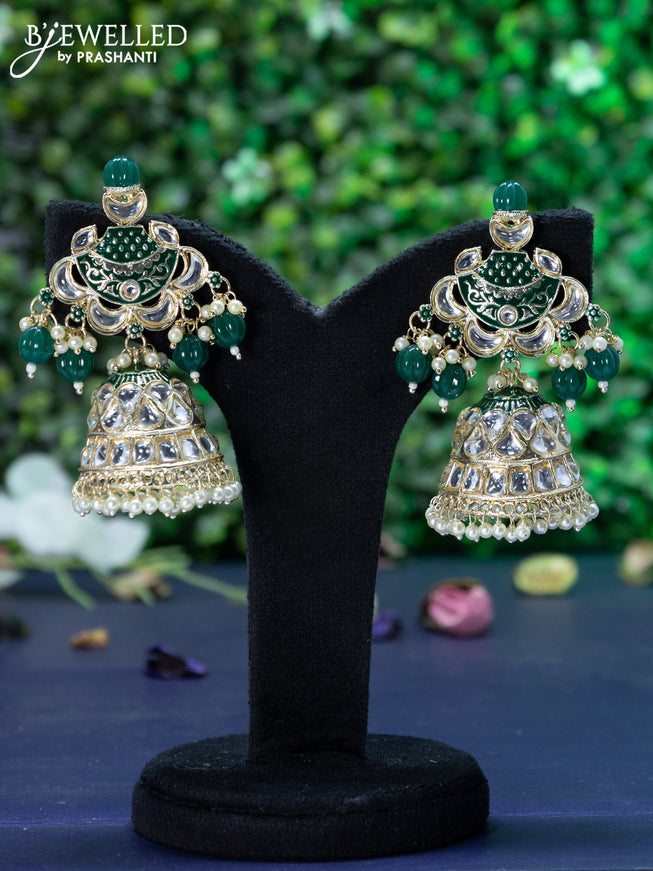 Fashion dangler green minakari jhumkas with kundan stones and pearl hangings