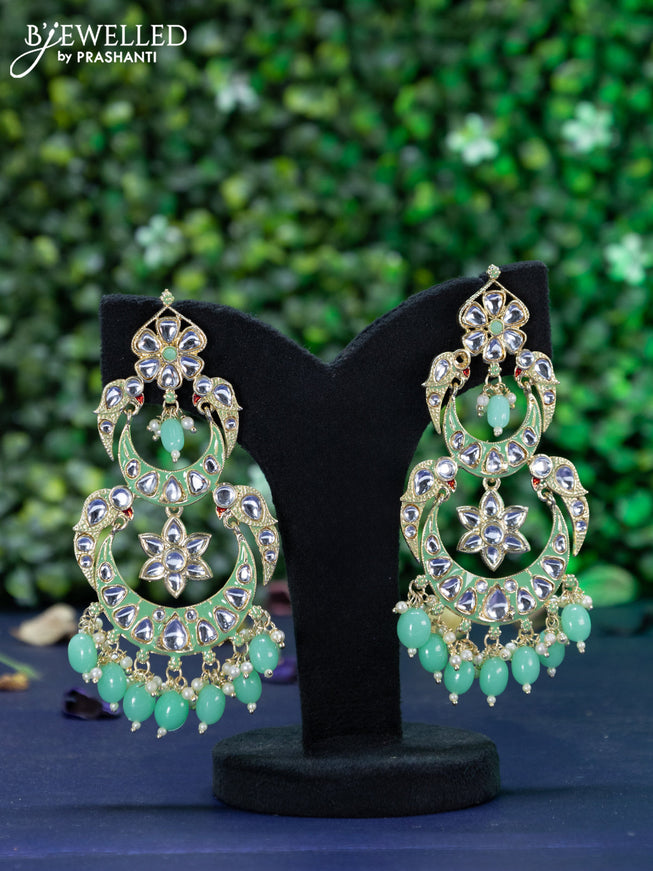 Fashion dangler chandbali teal green minakari earrings with kundan stones and beads hanging