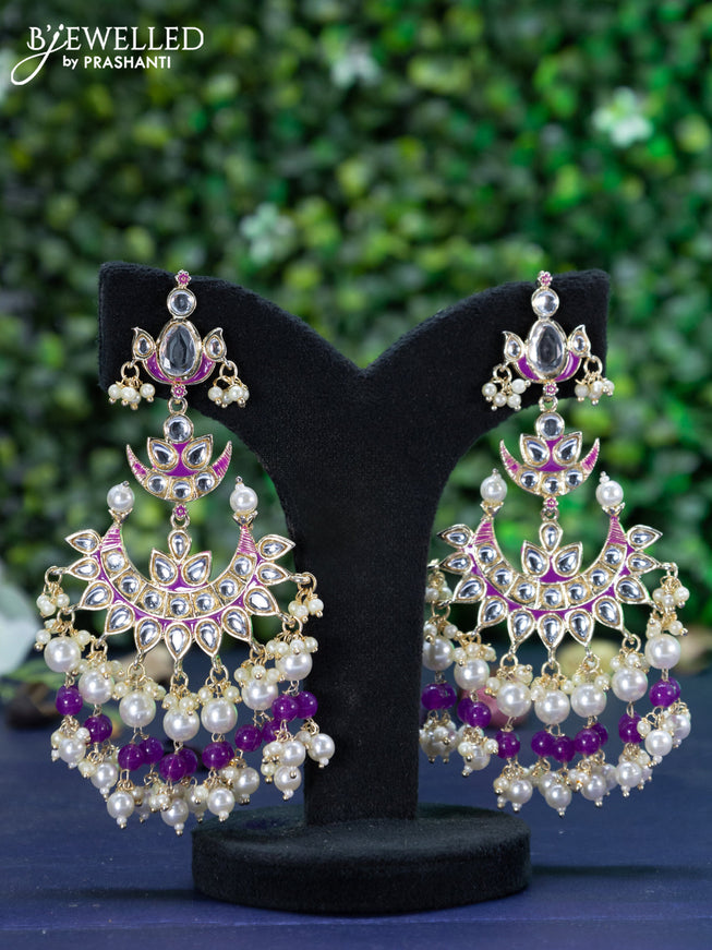 Fashion dangler chandbali violet minakari earrings with kundan stones and beads hanging