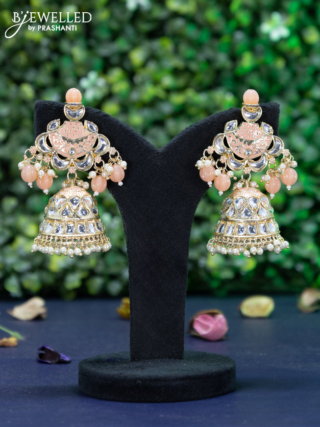 Fashion dangler peach minakari jhumkas with kundan stones and beads hanging