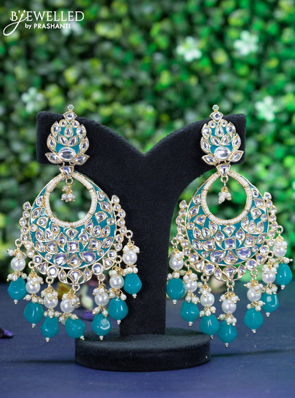 Fashion dangler chandbali teal blue minakari earrings with kundan stones and beads hanging