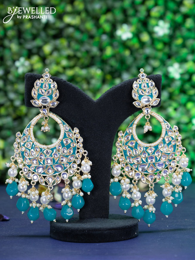 Fashion dangler chandbali teal blue minakari earrings with kundan stones and beads hanging