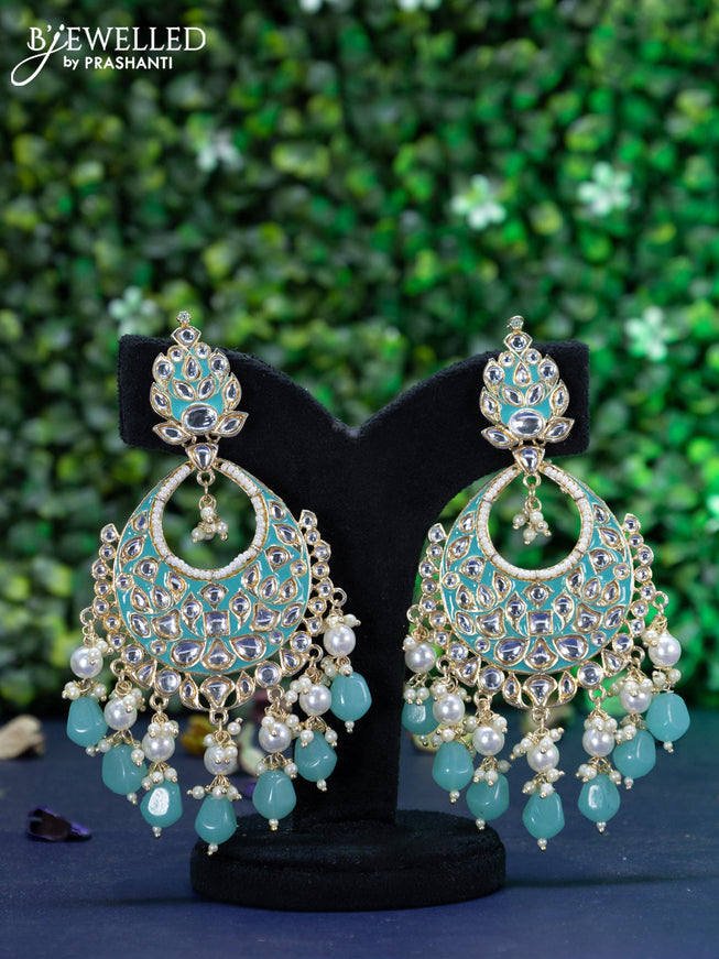 Fashion dangler chandbali teal blue minakari earrings with kundan stones and beads hanging