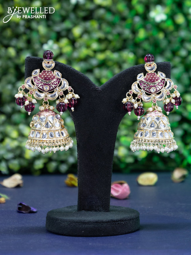 Fashion dangler wine shade minakari jhumkas with kundan stones and pearl hangings