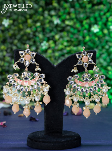 Fashion dangler chandbali peach minakari earrings with kundan stones and beads hanging