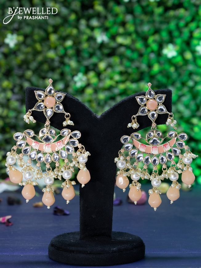 Fashion dangler chandbali peach minakari earrings with kundan stones and beads hanging