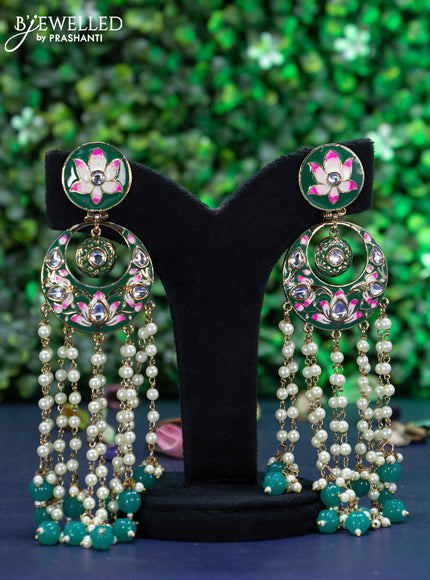 Fashion dangler chandbali teal green minakari earrings with pearl and beads hangings