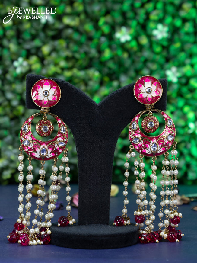 Fashion dangler chandbali pink minakari earrings with pearl and beads hangings