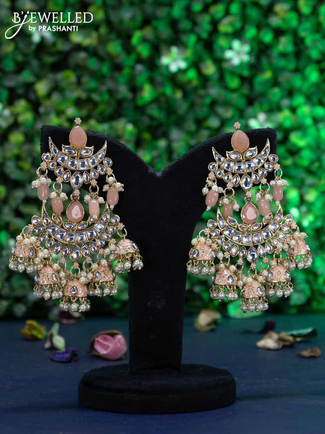 Fashion dangler chandbali peach minakari earrings with kundan stones and pearl hangings