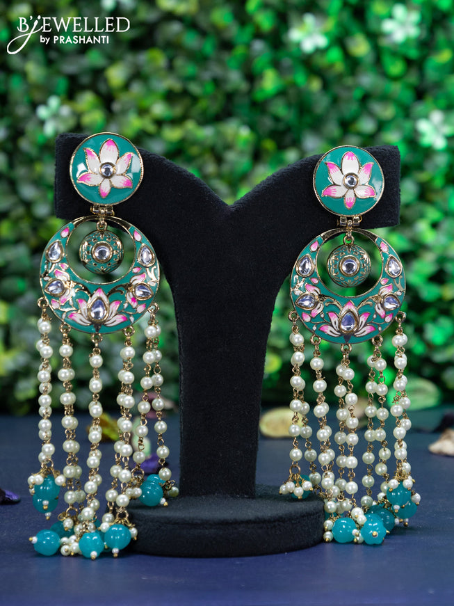 Fashion dangler chandbali teal green minakari earrings with pearl and beads hangings