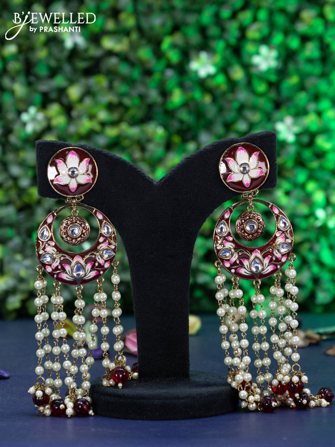 Fashion dangler chandbali maroon minakari earrings with pearl and beads hangings