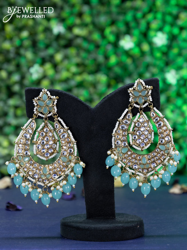 Fashion dangler earrings teal blue and kundan stones with beads hangings