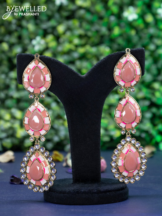 Fashion dangler minkari earrings with peach pink and kundan stones