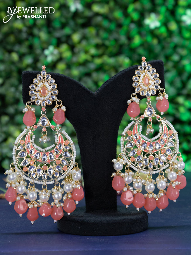 Fashion dangler chandbali peach pink minakari earrings with kundan stones