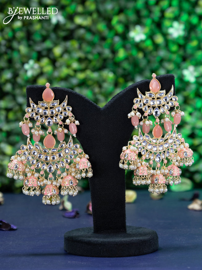 Fashion dangler chandbali peach minakari earrings with kundan stones and pearl hangings