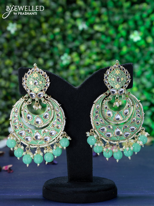 Fashion dangler chandbali teal green  minakari earrings with kundan stones and beads hanging