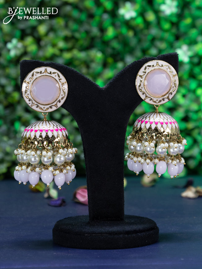 Fashion dangler baby pink minakari jhumkas with beads hanging