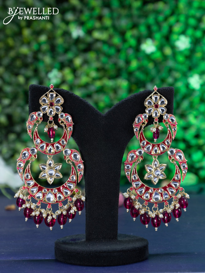 Fashion dangler chandbali pink minakari earrings with kundan stones and beads hanging