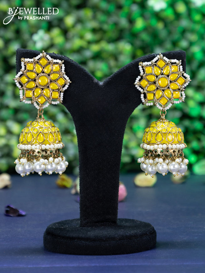 Fashion dangler yellow jhumkas with beads hanging