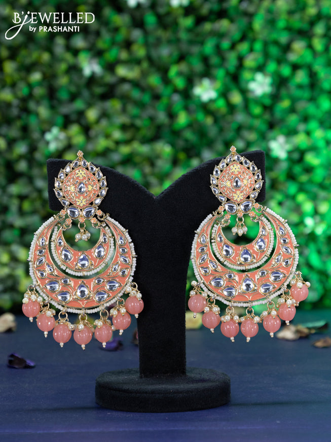 Fashion dangler chandbali peach minakari earrings with kundan stones