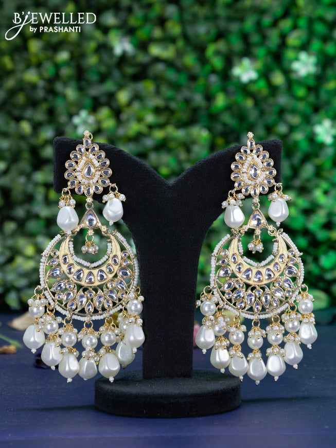 Fashion dangler chandbali cream minakari earrings with kundan stones and beads hanging