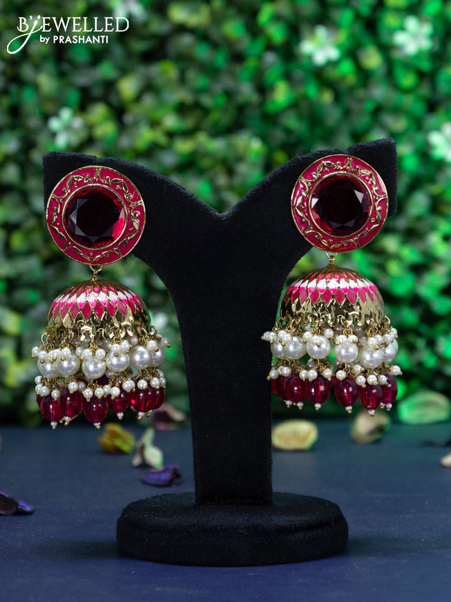 Fashion dangler pink minakari jhumkas with ruby stones and beads hanging