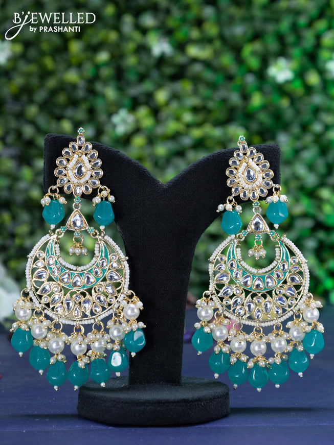 Fashion dangler chandbali teal blue minakari earrings with kundan stones and beads hanging