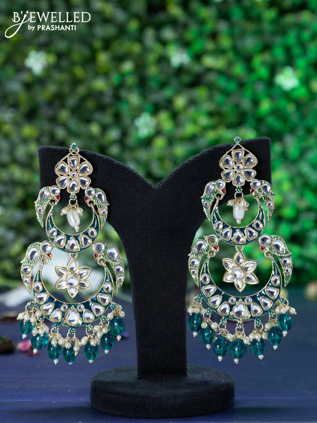 Fashion dangler chandbali peacock green minakari earrings with kundan stones and beads hanging