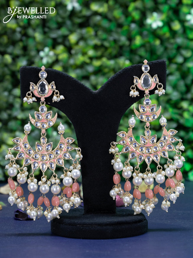 Fashion dangler chandbali peach minakari earrings with kundan stones and beads hanging