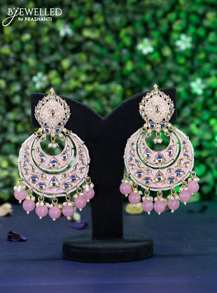 Fashion dangler chandbali pink minakari earrings with kundan stones and beads hanging