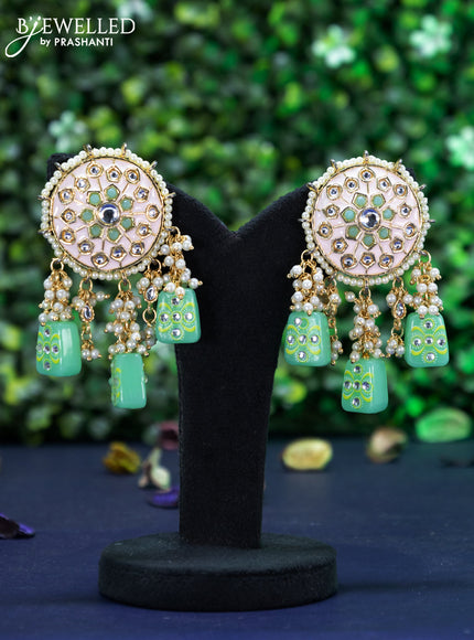 Fashion dangler peach & teal green minakari earrings with kundan stones and beads hanging