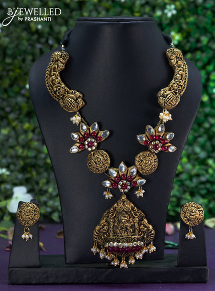 Terracotta necklace ruby & cz stones with lakshmi pendant and pearl hangings