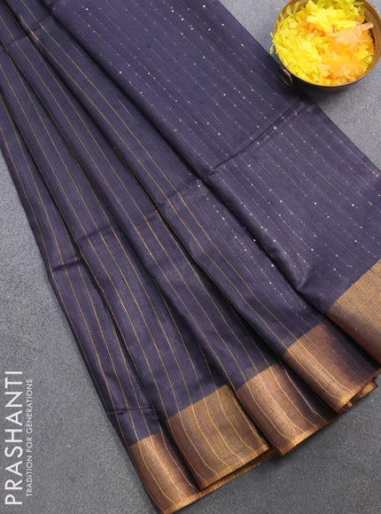 Semi raw silk saree dark grey with allover stripes pattern and sequin work pallu & embroidery work readymade blouse - {{ collection.title }} by Prashanti Sarees