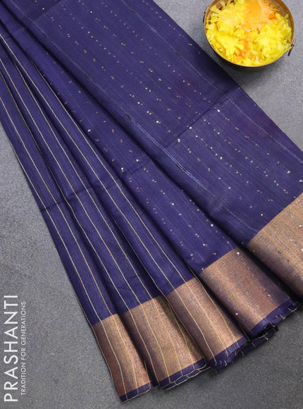 Semi raw silk saree dark blue with allover stripes pattern and sequin work pallu & embroidery work readymade blouse - {{ collection.title }} by Prashanti Sarees