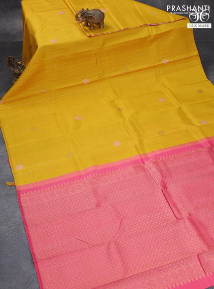 Pure kanjivaram silk saree yellow and pink with allover zari weaves & buttas in borderless style