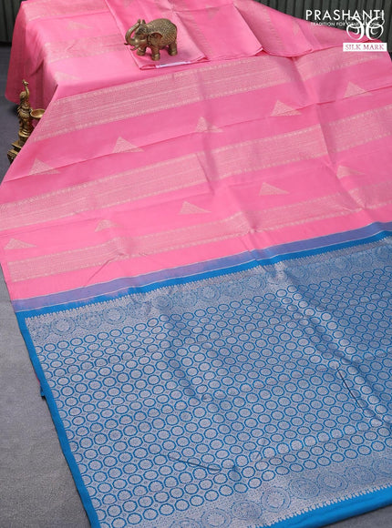 Pure kanjivaram silk saree light pink and peacock blue with zari woven buttas in borderless style