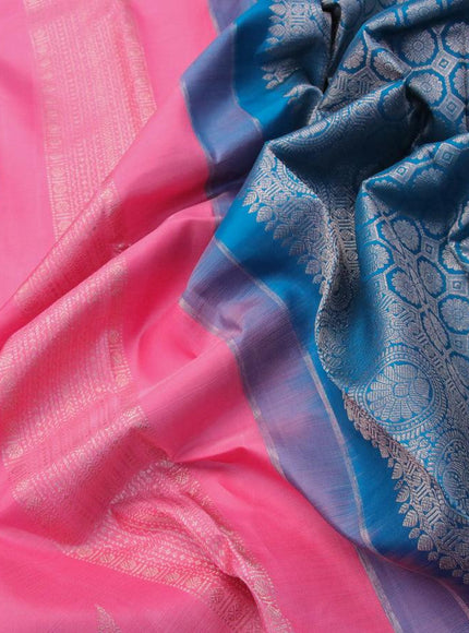 Pure kanjivaram silk saree light pink and peacock blue with zari woven buttas in borderless style